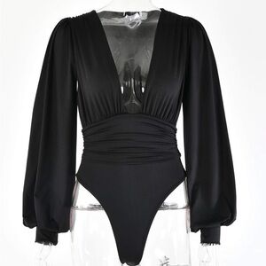 Amazon Black Fitted Bodysuit with Bishop Sleeves